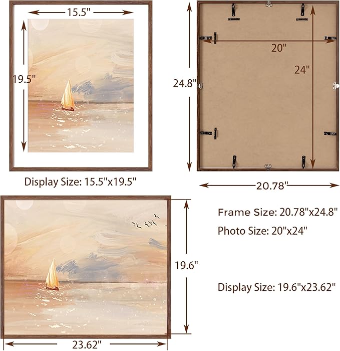 20x24 Picture Frames, Rustic Solid Oak Wood Frame 20 x 24 for Wall, Wooden 20 by 24 Photo Frames with Tempered Real Glass, 20x24 Poster Frame Matted to 16x20 (Walnut Color, 1 Pack)