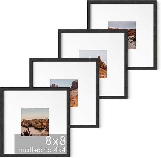 HAUS AND HUES Solid Oak Wood 8”x8” Picture Frames Matted to 4”x4” Set of 4 - Black Square Photo Frames, Black Frames for Gallery Wall 8x8, 4 Photo Frames, Black Picture Frames 8 x 8 (Black Frame)