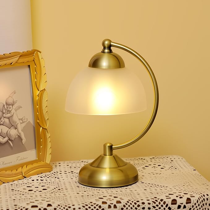 Small Modern Touch Glass Bedside Table Lamp, 7 x 7 x 10 Inch Bronze Base Table Lamp for Bedrooms and Office (White Frosted Glass Shade)