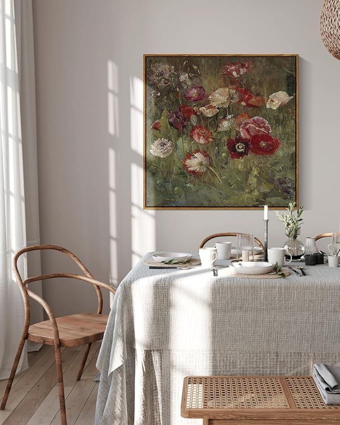 InSimSea Square Framed Canvas Wall Art, Large Decor A Bed of Poppies Paintings, Classical Floral Wall Pictures for Bedroom Bathroom Living Room, Canvas Prints Vintage Home Decor 24"x24"