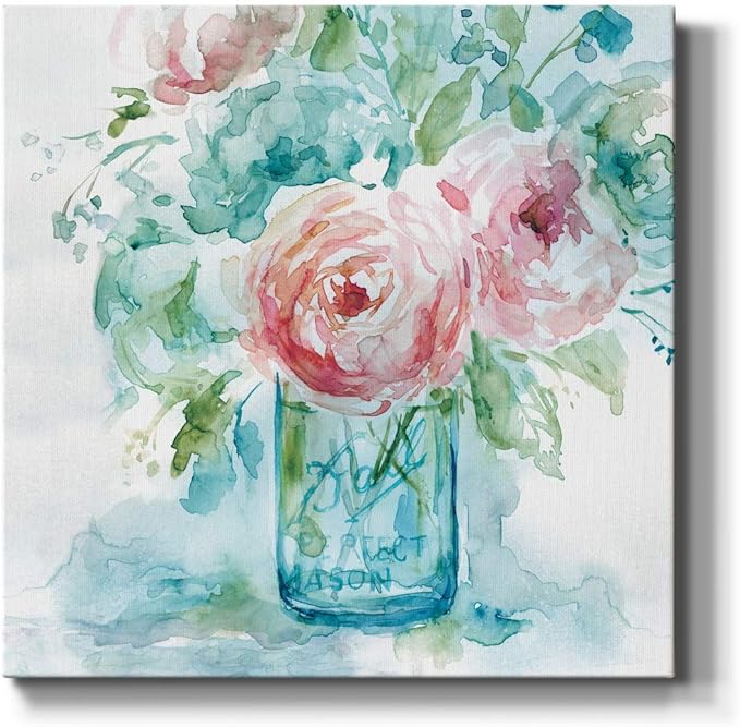 Square Premium Gallery Wrapped Canvas Flower Multicolor Wall Art Abstract Floral Romance Modern Pictures Print for Home Office, Ready to Hang