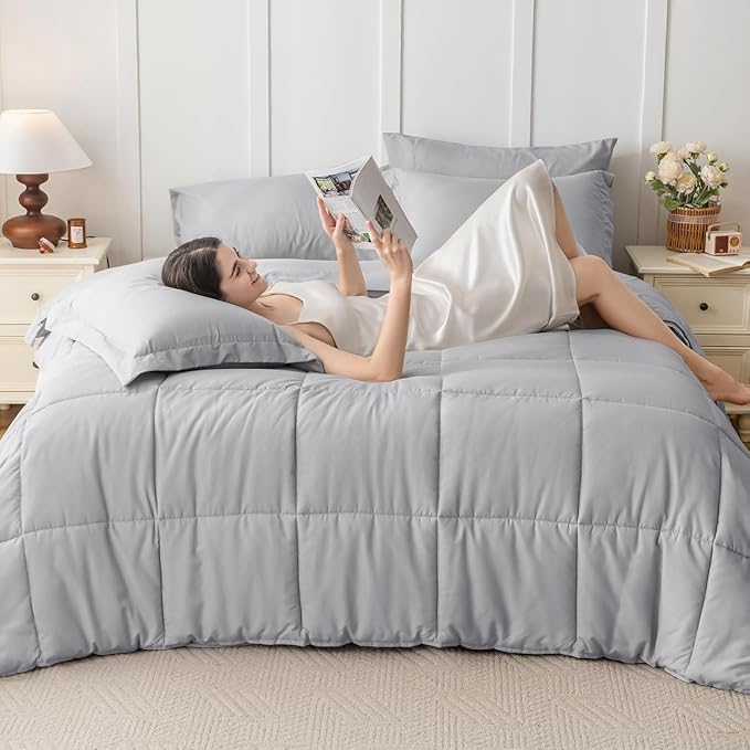 JOLLYVOGUE Twin XL Comforter Set, Ultra-Soft Bed in a Bag Twin XL Size 5 Pieces, Oeko-TEX Certified Bedding Set with Down Alternative Comforter, Sheets, Pillowcases & Shams, Light Grey