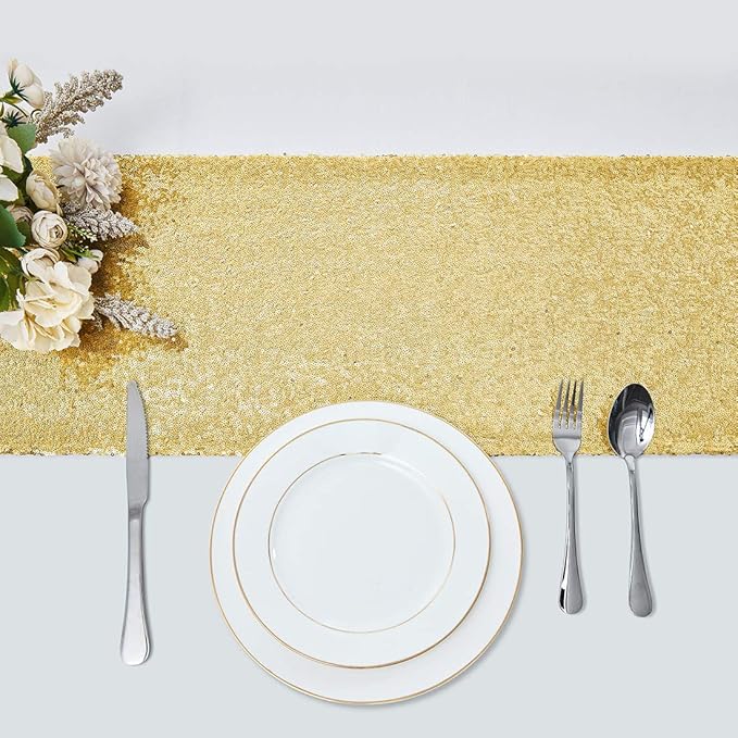 2 Packs 12 x 108 inches Gold Sequin Table Runner, Glitter Gold Table Runner for Wedding Birthday Bachelorette Holiday Party Supplies Decorations Bridal Shower Baby Shower