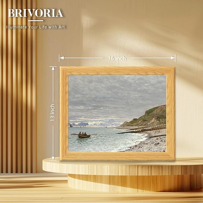 Brivoria Framed Canvas Wall Art Vintage Decor, Coastal Landscape with Rowboat Rocky Beach and Wooden Jetty Below Cloudy Sky for Hallway Dining Room or Reading Nook Wall Decoration, 13"x16"