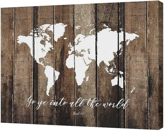 Large World Map Wall Art Rustic World Map Pictures Wall Decor Go Ye Into All The World and Preach The Gospel Canvas Painting Print Home Artwork Framed for Living Room Bathroom Master Bedroom 20"x16"