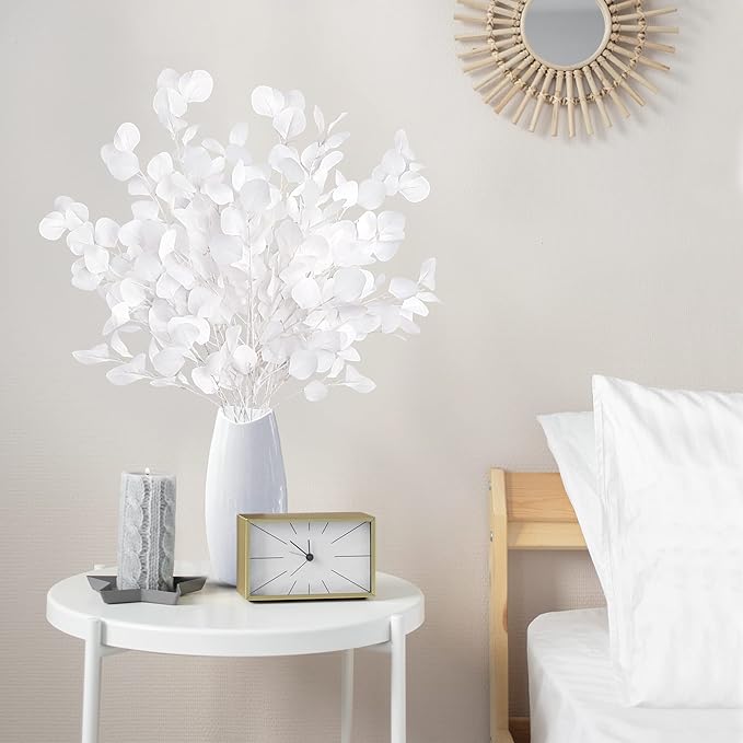 Sggvecsy 6 Pcs Eucalyptus Leaves Artificial Eucalyptus Stems Long Silver Dollar Leaves Faux Leaf Branches Fake Silk Eucalyptus for Spring Summer Home Festival Thanksgiving Christmas Decor (White)