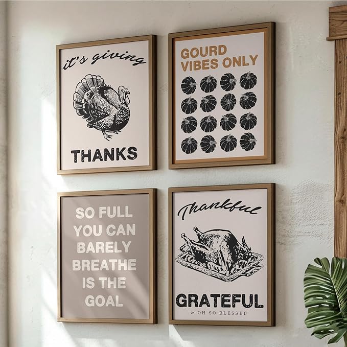 JXREQ Fall Decor Thankful Grateful Vintage Turkey Posters Pumpkin Wall Decor, Gourd Vibes Only Fall Art Prints for Harvest Thanksgiving Kitchen Bedroom Living Room Set of 4, 8x10 Inch Unframed