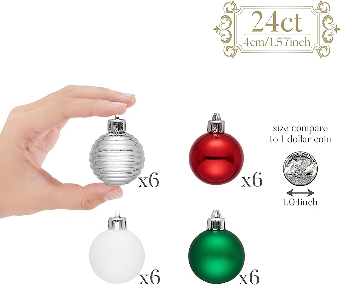 Valery Madelyn 1.57 Inches Small Christmas Tree Decorations Ornament Set for 4th of July Fall Halloween, 24ct Red Green and White Shatterproof Hanging Ball Ornaments Holiday Party Decor