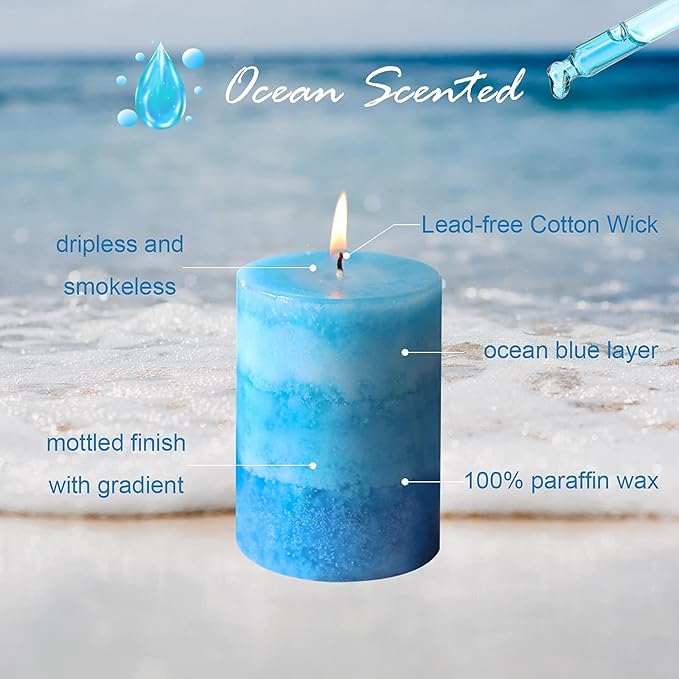 3x4 Inche Pillar Candles Ocean Scented Aromatherapy Candles Long Lasting Burn Blue Mottled 3-Layered Candles for Home Scented, SPA, Restaurant, Set of 3, Immeiscent