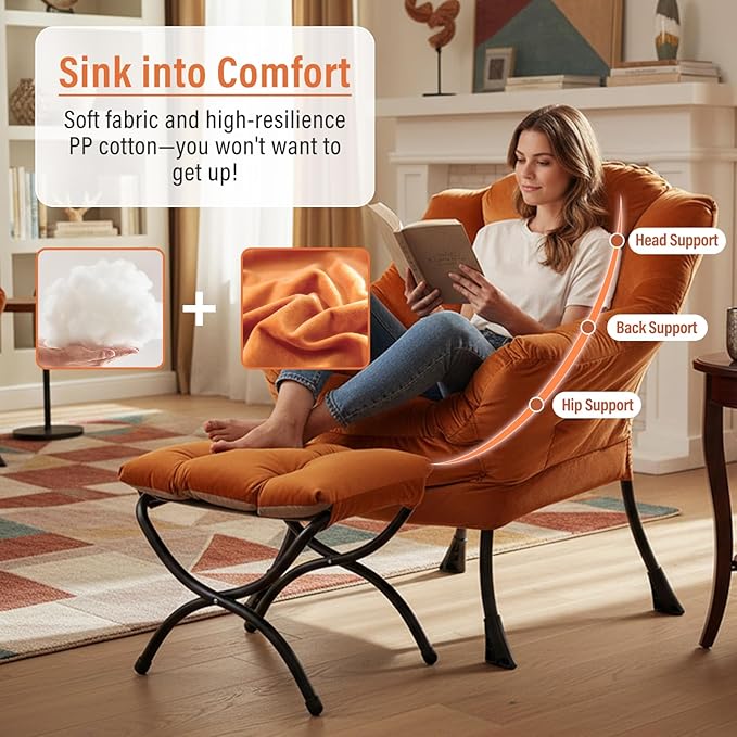 Lazy Chair with Ottoman, Modern Chair with Folding Footrest, Lounge Accent Chair, Comfortable Reading Chair, Oversized Armchairs for Bedroom, Study, Living Room, Courtyard (Velvet Orange)