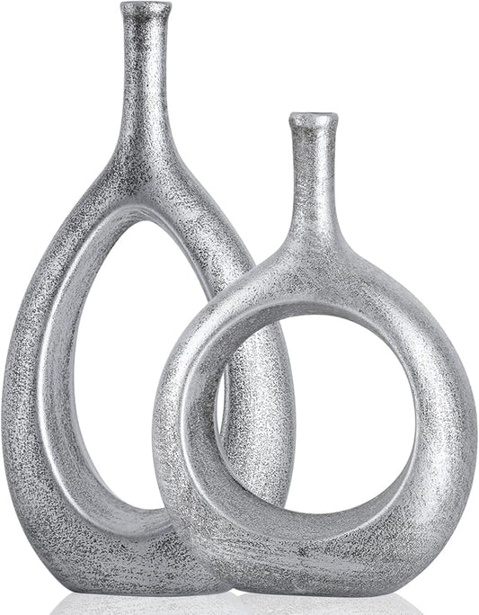 Silver Ceramic Hollow Elliptical Vase Set of 2 - Boho Circle Vase with Hole, for Modern Silver Table Decor, Living Room Decor Shelf mid Century Modern Home Entrance Decorative vase