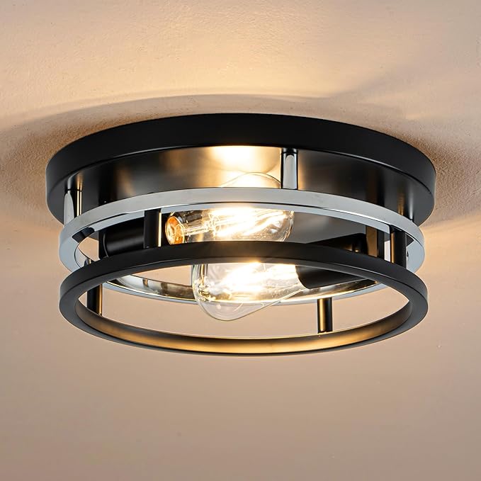 2 Light Industrial Ceiling Light Black Chrome Semi Flush Mount Lights Close to Ceiling Light Fixtures,cage design Farmhouse Ceiling Lighting for Kitchen Bedroom Bathroom Foyer Hallway (E26, 1Pack)