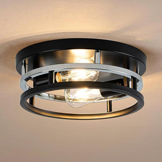 2 Light Industrial Ceiling Light Black Chrome Semi Flush Mount Lights Close to Ceiling Light Fixtures,cage design Farmhouse Ceiling Lighting for Kitchen Bedroom Bathroom Foyer Hallway (E26, 1Pack)