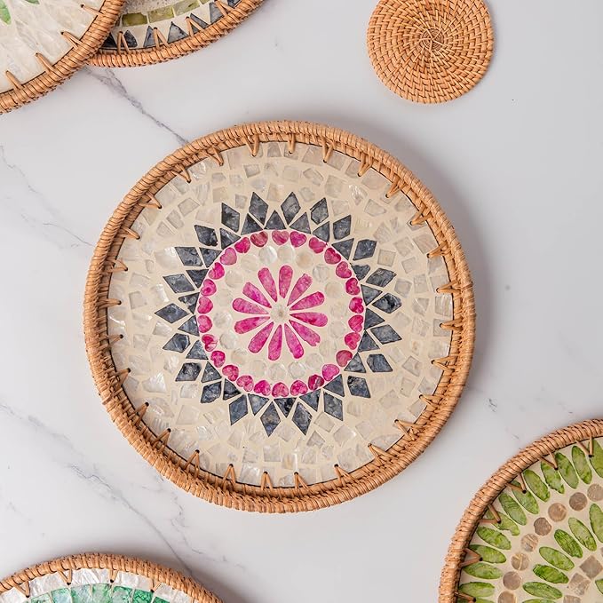 11.8' Wicker Round Rattan Mother of Pearl Serving Basket Tray for Décor Coffee Table | Large Boho Circle Woven Decorative Trays for Outdoor, Home, Kitchen Display (Lozenge)
