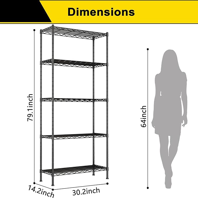 GIOTORENT 5-Wire Garage Shelving Storage Shelves, Metal Shelf Organizer 1400Lbs Capacity, Kitchen Storage Adjustable Shelf for Laundry Bathroom Pantry Closet, Black 30.2''L x 14.2''W x 79.1" H