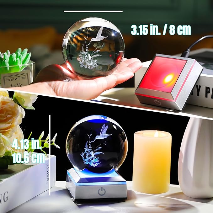 Ornalrist 3D Crystal Ball Engraved Hummingbird and Tiger Lily with LED Light Base3.15'', Hummingbird Gifts for Women Mom - Hummingbird and Lily Figurines Night Light for Home Office Decor