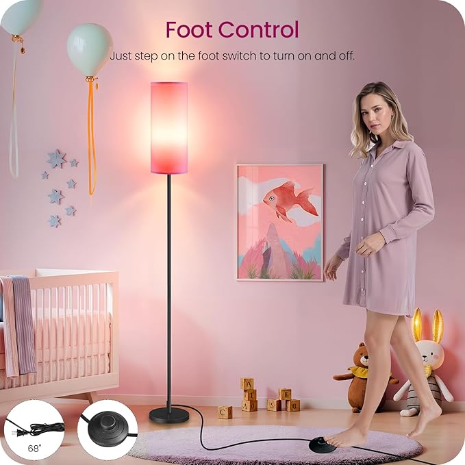 Dimmable Pink Floor Lamp for Living Room with Remote and Foot Switch, Corner Floor Lamp for Bedroom, 64.4" Standing Tall Lamp, 10W 900LM Bulb Included, 3000K-6500K, Linen Shade, FCC Listed P06LD05W1