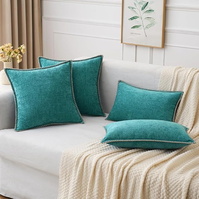 MIULEE Pack of 2 Couch Throw Pillow Covers 20x20 Inch Teal Farmhouse Decorative Pillow Covers with Stitched Edge Soft Chenille Solid Dyed Spring Pillow Covers for Sofa Bed Living Room