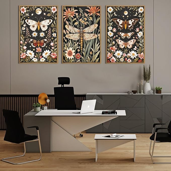 ANHUIB Extra Large Wall Art William Morris Wall Art 24x36 Inch Vintage Floral Wall Decor Butterfly Dragonfly Paintings Set of 3 for Living Room Bedroom Dining Room
