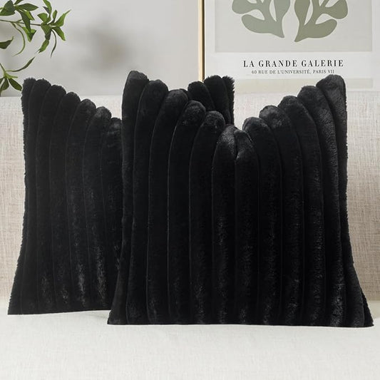 MIULEE Faux Fur Decorative Throw Pillow Covers 18x18 Inch Set of 2, French Modern Art Home Decor Soft Plush Couch Pillows Cozy Fluffy Cushion Covers for Sofa Bed Black