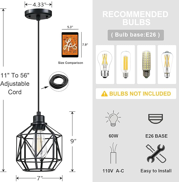 Leading Lighting 3 Pack 1 Light Vintage Hanging Pendant Light Fixture,Farmhouse Lantern Cage Pendant Ceiling Lights with Black Finish for Kitchen Island Dining Restaurant Room Hallway Hotel Bar