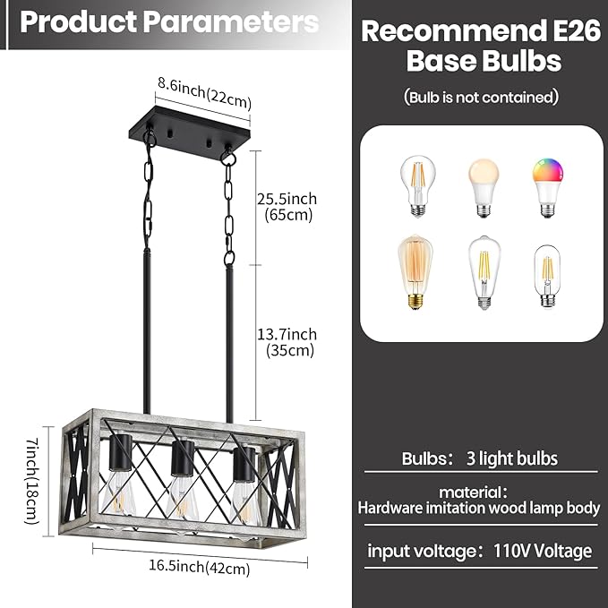 Farmhouse Light Fixtures,3-Light Dining Room Light Fixture,Industrial Metal Kitchen Ceiling Lighting Over Island, Chandelier for Dining Table Kitchen Sink,Oak Wood Finish