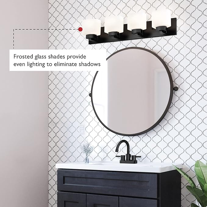 Design House 588426 Dove Creek Vanity Light Dimmable with Frosted Glass for Above Bathroom Mirror, Matte Black, 4-Light