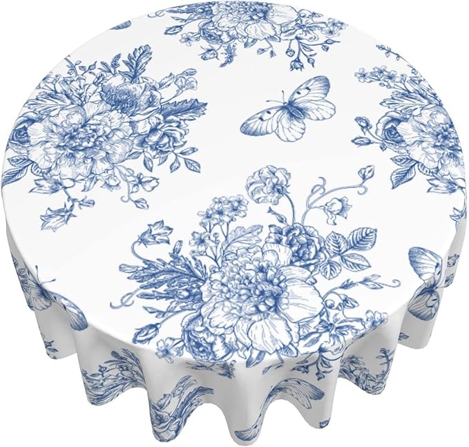 Spring Floral Tablecloth Round 60 Inch Ruitic Butterfly Table Cloth Waterproof Fabric Farmhouse Blue White Flower Tablecloths Decorative for Holiday Home Party Wedding Picnic