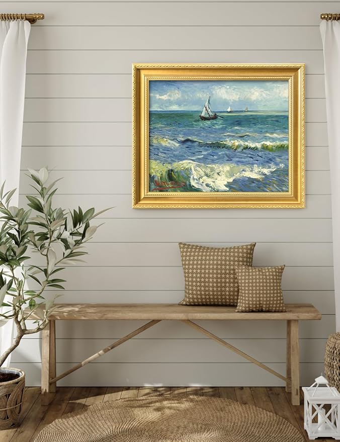 DECORARTS - The Sea at Les Saintes-Maries-de-la-Mer by Vincent Van Gogh. Giclee Print on Acid-Free Canvas in Gold Solid Wood Frame. Picture Size: 20x16, Total Size: 24.75x20.75, Made in USA