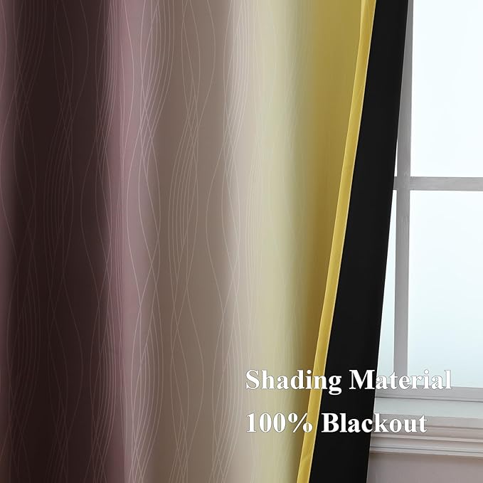 Estelar Textiler Yellow and Brown Blackout Curtains, Full Light Blocking Gradient Grommet Drapes for Living Room, Thermal Insulated Ombre Curtains for Bathroom, 52Wx54L, 2 Panels