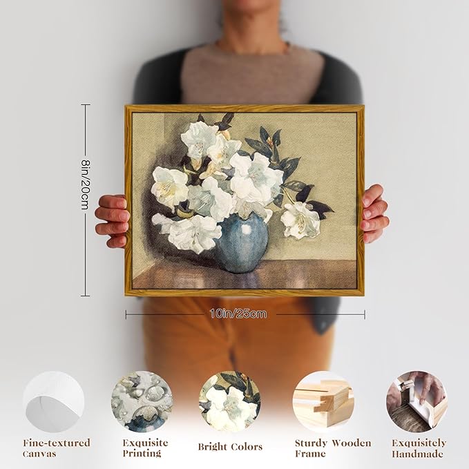 crmotu Floral Framed Wall Art, Still Life Azalea Botanical Prints, Vintage Vase White Flowers Canvas Pictures, Retro Wall Paintings for Living Room, Bedroom Kitchen Office Desktop Small Artwork 8x10in