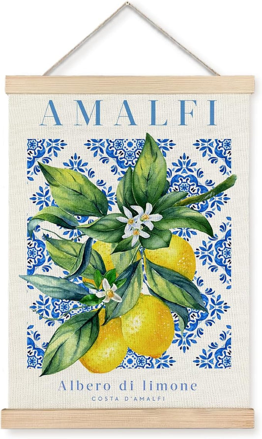 Yomisex Italian Amalfi Coast Lemon Wall Art Poster, Blue and White Floral Mediterranean Tiles Lemons Tree Canvas Prints Wall Art Framed for Home Kitchen Dining Room Decor, 12x16 Inch