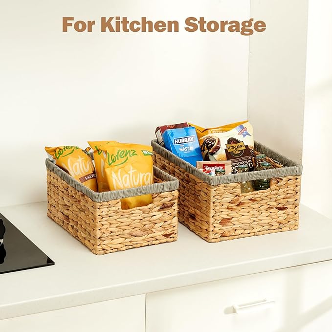 Wicker Baskets for Storage 2 Pack, Water Hyacinth Storage Baskets with Built-in Handles, Large Wicker Storage Baskets for Shelves & Organizing, Natural with Grey, Size L & M