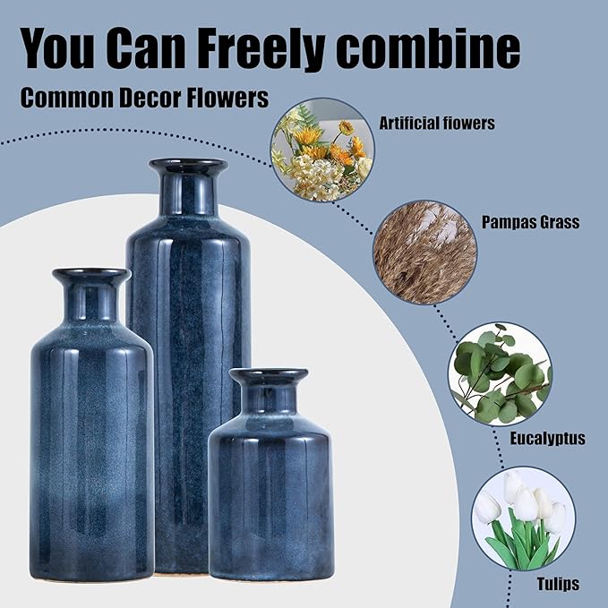 Blue Ceramic Vase Set of 3 Small Vases, Modern Farmhouse for Home Decor Bottles, Rustic Terracotta Vase Decorative Vases for Table,Fireplaces Decor, Bookshelf, Living Room