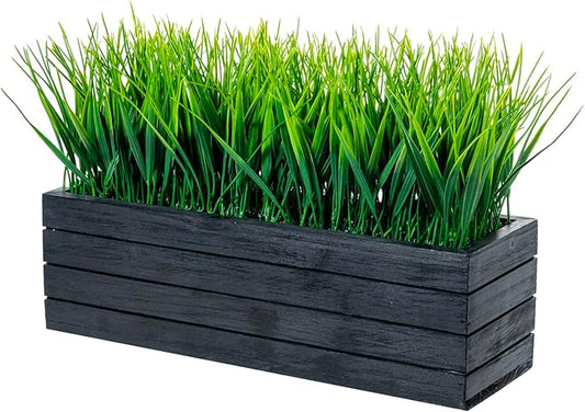 MyGift 14 Inch Artificial Green Grass Plant in Vintage Black Wood Planter Window Box, Faux Greenery in Decorative Rectangular Crate Style Wooden Container