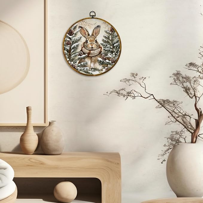 CUANFDDSF Vintage Boho Winter Bunny Round Wall Art Decor, Rustic Cottagecore Rabbit Pinecones Wall Hanging Frame Decor, Farmhouse Winter Bunny Canvas Prints Decorations for Home Bedroom, 10x10 Inch