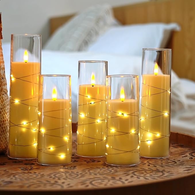 Raycare Flameless LED Candles with Embedded Star String, 5 Pcs Battery Operated Acrylic Pillar Candles with Timer and Remote, Flickering Candle for Romantic Ambiance and Home Decoration(Ivory)