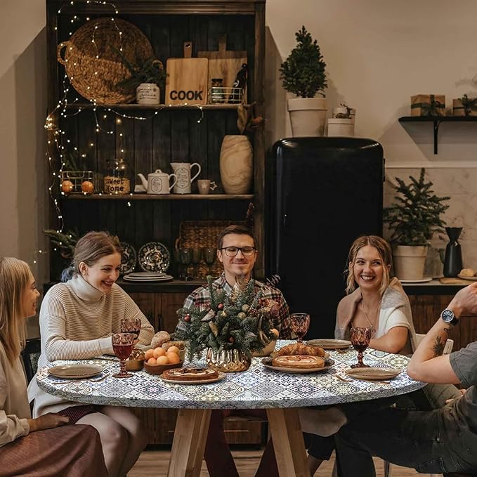 Fitted Round Tablecloth for 36-44" Tables Wrinkle Free Table Cover Minimalist Farm House Decor Kitchen Studio Apartment Gadget Canping Patio Appliances Country Romantic Closing Home Gifts