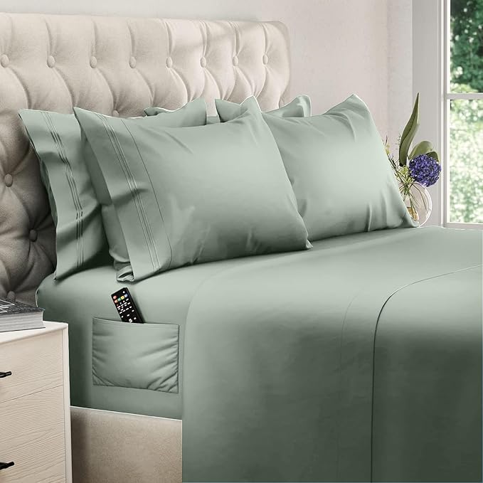 DREAMCARE Full Size Sheets Set - 6 Pcs Deep Pocket Cooling Bed Sheets - Soft, Long Lasting 100% Brushed Microfiber with Side Pocket (Sage Green, Full)