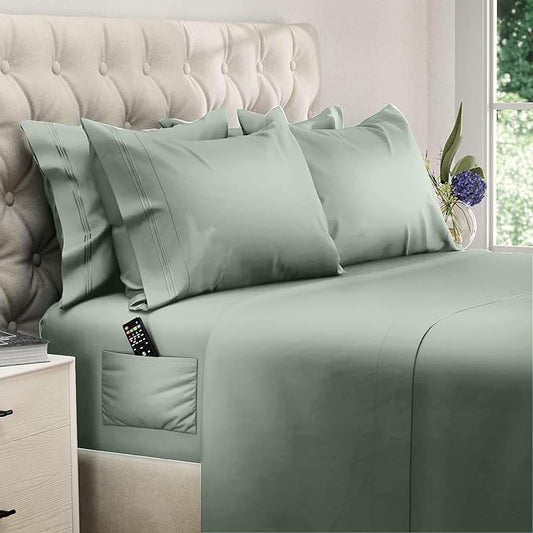 DREAMCARE Full Size Sheets Set - 6 Pcs Deep Pocket Cooling Bed Sheets - Soft, Long Lasting 100% Brushed Microfiber with Side Pocket (Sage Green, Full)