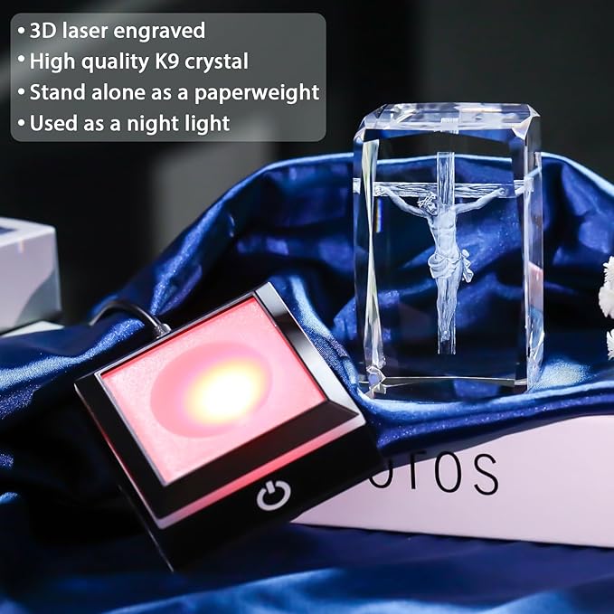 Movdyka 3D Jesus Cross Crystal Figurine with Colorful LED Light Base - Religious Night Light, Perfect Christian Gift for Women Men Christmas, Easter & Home Decor