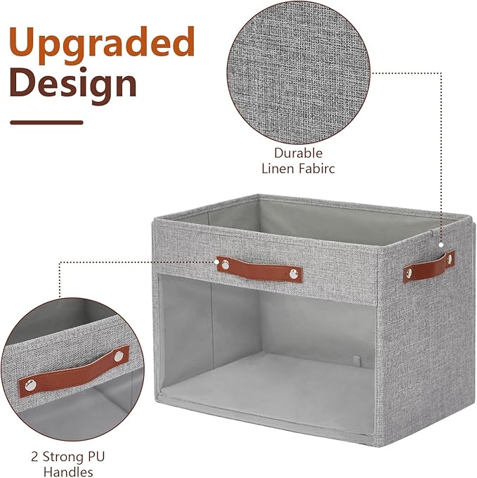 Extra Large Storage Baskets with Clear Window, See Through Closet Organizer with PU Handles, Linen Foldable Storage Bins for Organizing Clothes, Toys, Books (Gray)