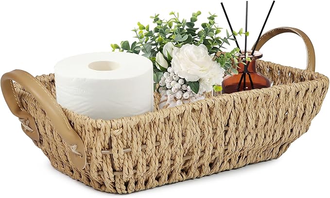 Paper Rope Woven Toilet Paper Basket, Small Wicker Storage Baskets for Organizing with Handles, Bedroom Decor Baskets Toilet Tank Shelf Storage Bins, 1pc Natural