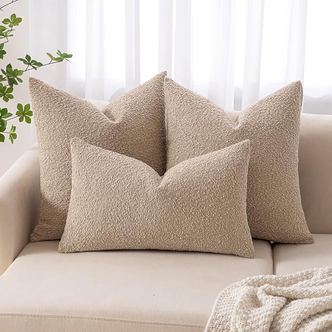 MIULEE 24x24 Decorative Euro Sham Throw Pillows for Bed Set of 2 Textured Boucle Neutral Throw Pillow Coverss Khaki Accent Solid Couch Pillowcase Cozy Soft Sofa Livingroom Home Decor