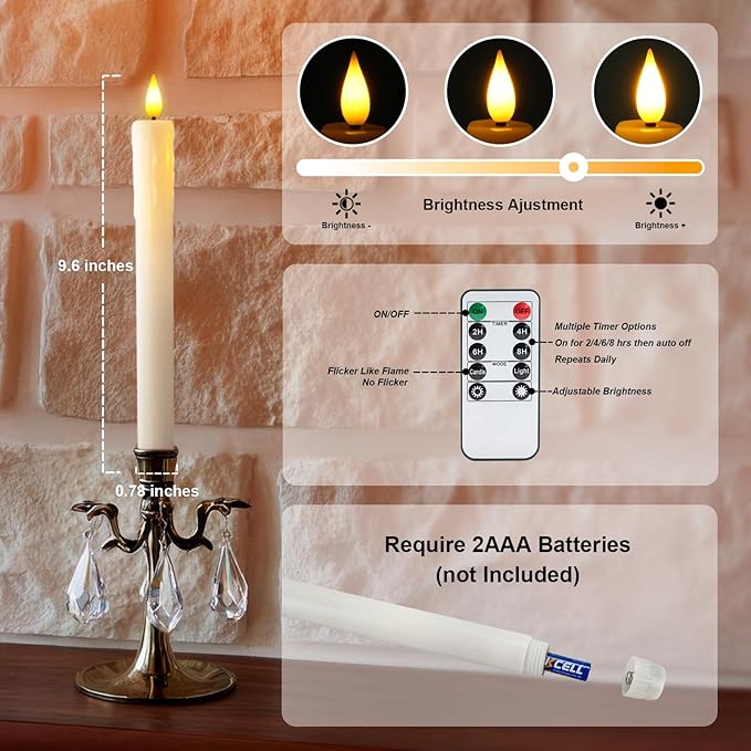 Homemory Real Wax LED Flameless Taper Candles with Timer, Dripless Fake Candlesticks with 3D Flickering Flame, 9.6 Inches White Window Candle for Fireplace Christmas Halloween