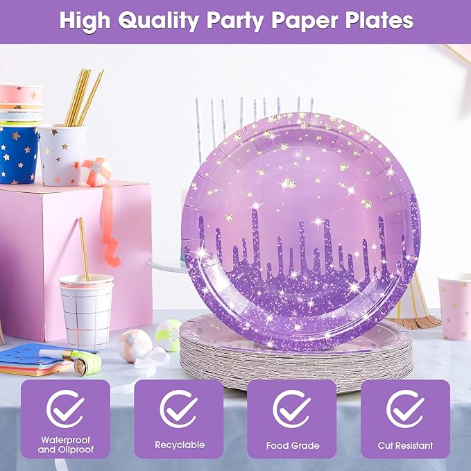 50PCS Purple Glitter Paper Plates 7inch Purple Gold Diamond Birthday Dessert Plate for Cake Salad Pizza Disposable plates Supplies for Girls Women Mermaid Anniversary Birthday Wedding Theme Party