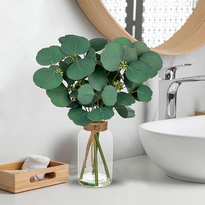 Briful Artificial Eucalyptus Stems in Clear Glass Vase with Faux Water, 14" Fake Plant Eucalyptus Leaves for Home Office Farmhouse Wedding Centerpiece Décor