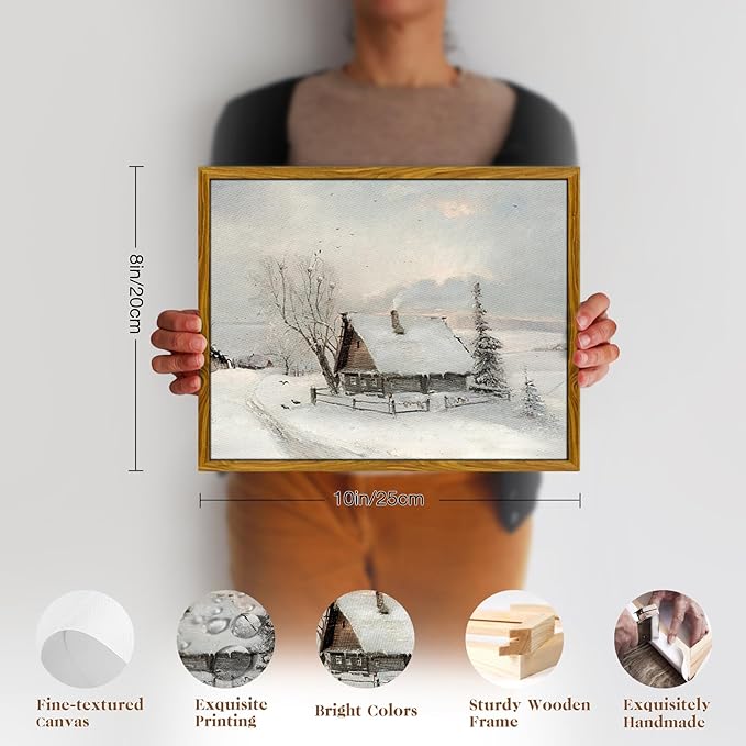crmotu Framed Canvas Wall Art, Winter Scene Vintage Art Prints, Farmhouse Cottage Rustic Home Decorations, Snowy Cabin Pictures Wall Decor Living Room, Bedroom Kitchen Desktop Small Artwork 8x10in