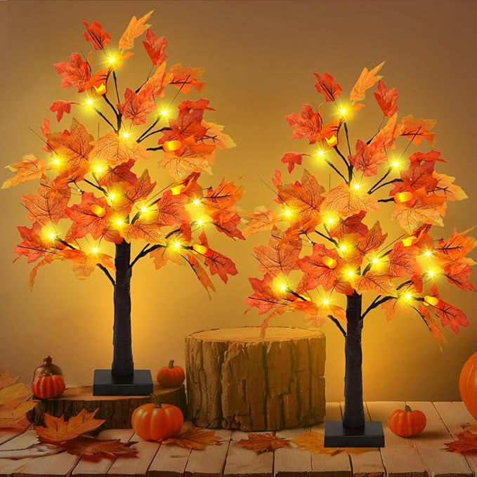 Uieke 24inch Lighted Artificial Fall Maple Tree Fall Decor 24 LED Tabletop Fall Tree with 6 Pne Cones Lights Battery Operated with Timer, Fall Decorations for Home Thanksgiving Autumn Harvest Decor