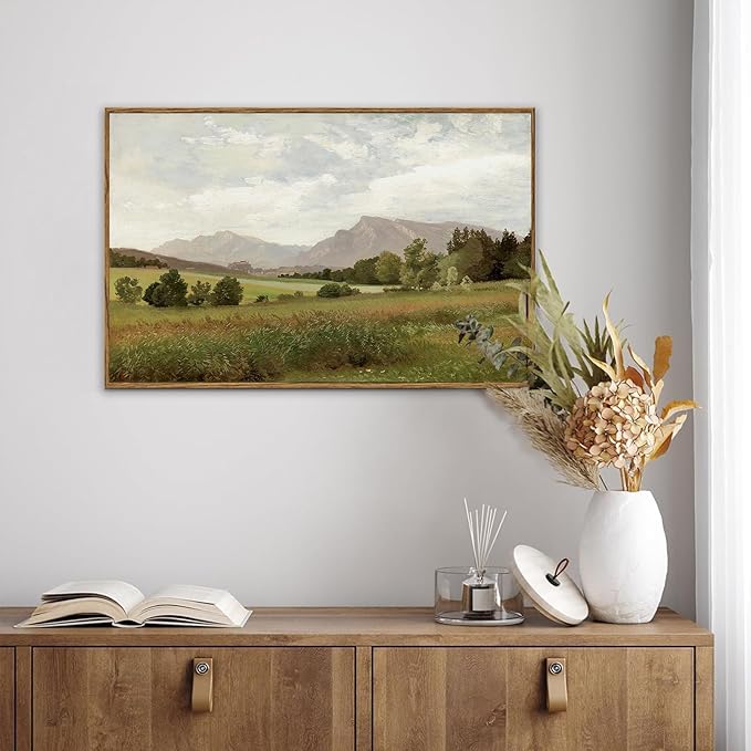 KBKBART Framed Vintage Landscape Wall Art Prints, Retro Muted Green Forest Valley Nature Wilderness Canvas Painting, Farmhouse Decor Wall Art for Bedroom, Bathroom,Vintage Wall Decor(16"x24")